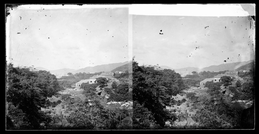 Rocks, trees and house, Hong Kong. Photograph by John Thomson, 1868/1871.