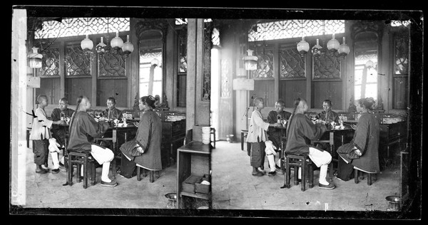 The interior of a tea-house, Hong Kong. Photograph by John Thomson, 1868/1871.