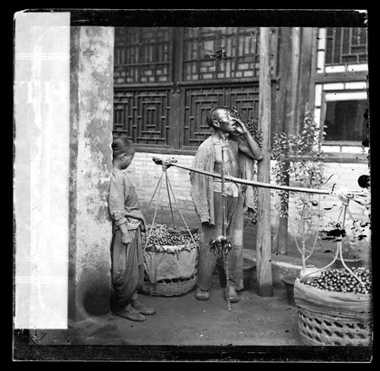 Peking, Pechili province, China: a travelling fruit-seller. Photograph by John Thomson, 1869.