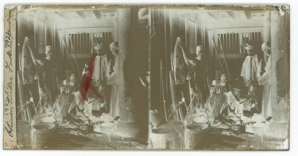 Foochow (Fuzhou), Fukien province, China: a coppersmith at work in his shop. Photograph by John Thomson, 1871.