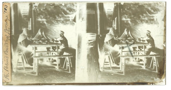 Fangguangyan monastery, Fujian province, China: three monks at the meal table. Photograph by John Thomson, 1870-18711.