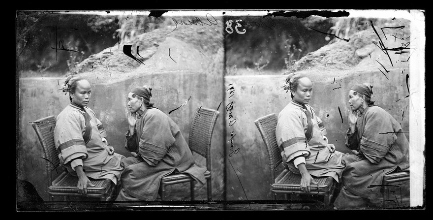 Amoy (Xiamen), Fukien province, China: two Amoy women in conversation. Photograph by John Thomson, 1870.