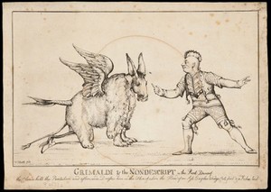 view Joseph Grimaldi dressed as a Red Indian points to a pantomime creature in a scene from the pantomime, Red Dwarf. Etching by W. Heath, ca. 1811.