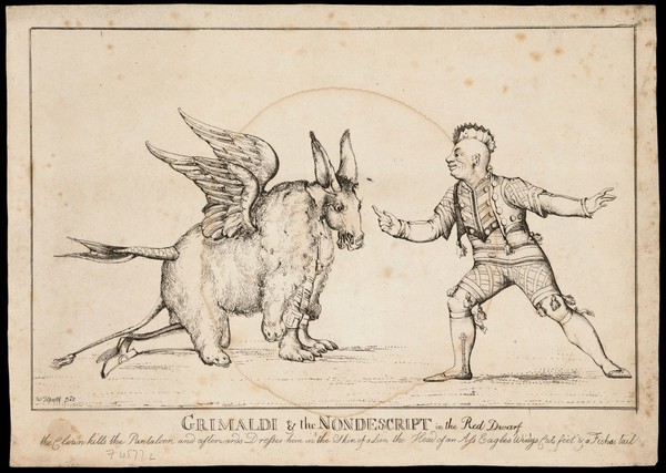 Joseph Grimaldi dressed as a Red Indian points to a pantomime creature in a scene from the pantomime, Red Dwarf. Etching by W. Heath, ca. 1811.