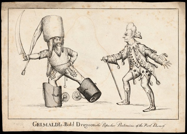 Joseph Grimaldi dressed as a hussar standing before another actor in a clown's costume in a scene from the pantomime, Red Dwarf. Etching by W. Heath, ca. 1811.