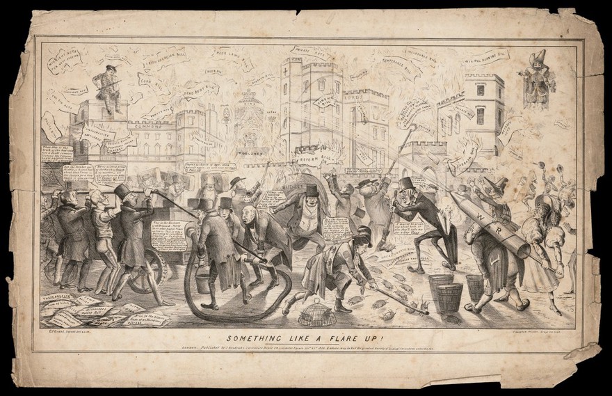 Men attempt to quell the flames of the House of Commons with water piped from fire engines and a rocket attached to a man's back inscribed 'war'. Lithograph by C.J. Grant, 1834.