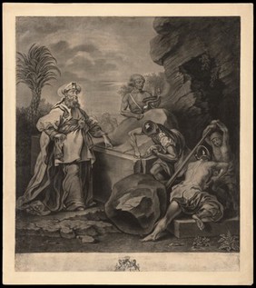 Joseph of Arimathea watches as Roman soldiers roll a stone in front of Christ's tomb. Mezzotint by I. Jehner, 1794, after W. Hogarth.