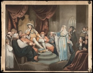 view Catharine of Aragon pleading her cause before King Henry VIII. Coloured mezzotint by W. Ward, 1802, after R. Westall.