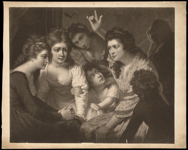 A lady telling a gripping story to young women and children. Mezzotint by V. Green, 1785, after J. Opie.