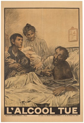 An alcoholic man with delirium tremens on his deathbed, surrounded by his terrified family. Colour lithograph after E. Burnand, ca. 1900 (?).