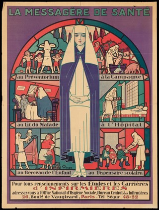 A nurse, with activities performed by nurses. Colour lithograph by G. Hazan.