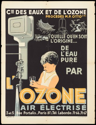 A boy taking a glass of water from a tap fitted with a device to purify water with ozone; advertising the Otto procedure of water purification by electricity. Colour lithograph by Goldstein, 1930.