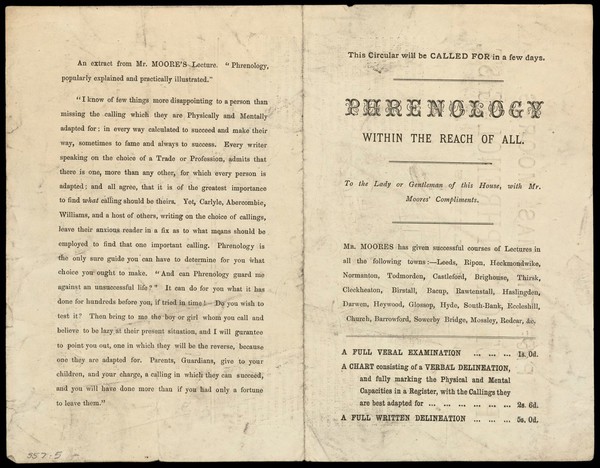Phrenology within the reach of all : to the lady or gentleman of this house, with Mr. Moores' compliments / Thomas Moores.