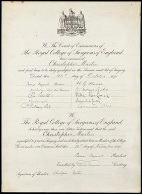 Certificate awarded to Christopher Martin by the Royal College of Surgeons in 1891.