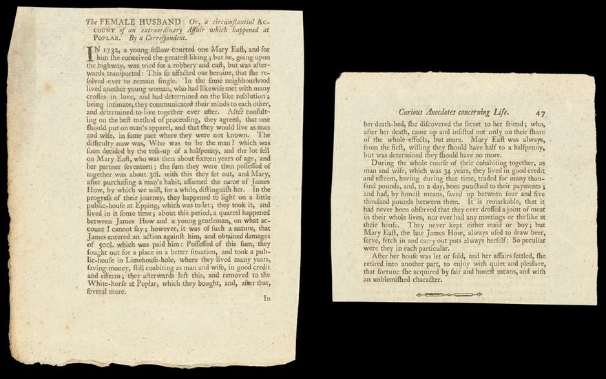 The female husband, or, A circumstantial account of an extraordinary affair which happened at Poplar / by a correspondent.
