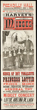 Piccadilly Hall, commencing Monday, Dec. 1, 1884... : the smallest people in the world! All English. First appearance in London : Harvey's wonderful Midges and choir of boy vocalists... two receptions daily... / Piccadilly Hall.