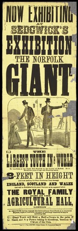 On exhibition at Sedgwick's Exhibition : the Norfolk Giant :  the largest youth in the world... standing nearly 8 feet in height.