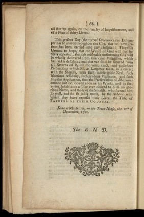 A brief journal of what passed in the city of Marseilles, while it was afflicted with the plague, in the year 1720 / Extracted from the register of the Council-Chamber of the Town-House, kept by Monsieur Pichatty de Croissainte ... Translated from the original, published at Paris.