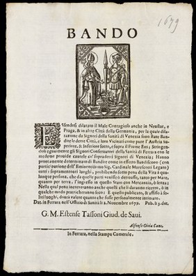 Bando : essendosi dilatato il Male Contagioso anche in Neustat, e Praga, & in altre città della Germania, per la quale dilatazione da signori della Sanità di Venezia sono state bandite le dette città, e loro vicini ...  / G.M. Estense Tassoni.