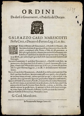 Ordini da darsi à Governatori, e podestà del Ducato : Galeazzo Card. Marescotti nella città, e Ducato di Ferrara leg. à lat. &c. ...  / G. Card. Marescotti.