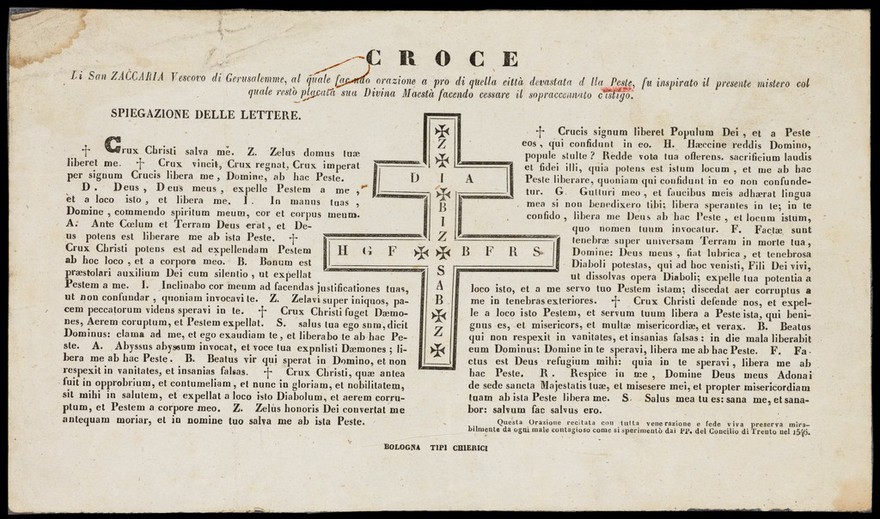 Croce : Li San Zaccaria vescovo di Gerusalemme, al quale facendo orazione a pro quella città devastata della peste, fu inspirato il presente mistero col quale restò placata sua Divina Maestà facendo cessare il sopraccennato castigo.