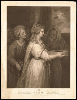 The Vestal virgin Tuccia being inspected while carrying water in a sieve to prove her chastity. Etching by P.W. Tomkins,1798, after Sir J. Reynolds.