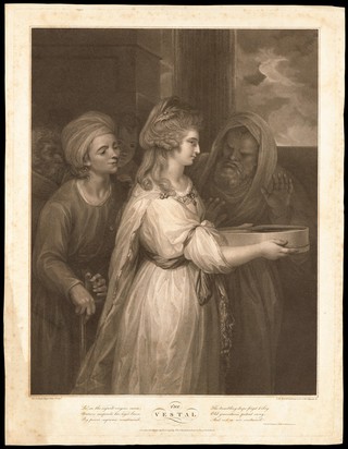 The Vestal virgin Tuccia being inspected while carrying water in a sieve to prove her chastity. Etching by P.W. Tomkins,1798, after Sir J. Reynolds.
