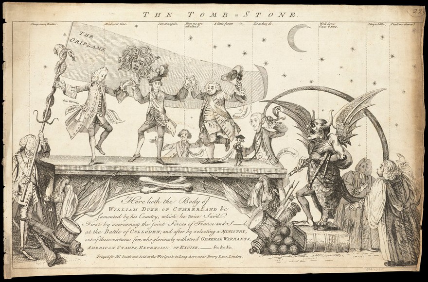 George Grenville, Lord Bute and the Duke of Bedford dance on the tombstone of the Duke of Cumberland to the tune of the devil playing the bagpipes. Etching, 1765.