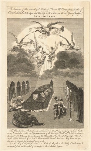 view The Pope, the devil and the Young Pretender lie prostrate near the coffin of the Duke of Cumberland lined with two rows of lit candles and mourning figures. Engraving by WW. after J.C., 1765.