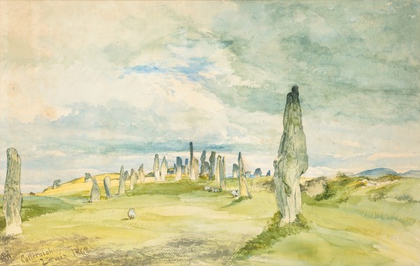 Callanish, Isle of Lewis, Outer Hebrides: prehistoric standing stones (menhirs). Watercolour by Sir G. Hardy, 1862.