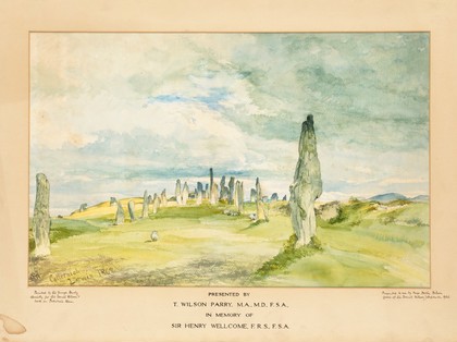 Callanish, Isle of Lewis, Outer Hebrides: prehistoric standing stones (menhirs). Watercolour by Sir G. Hardy, 1862.