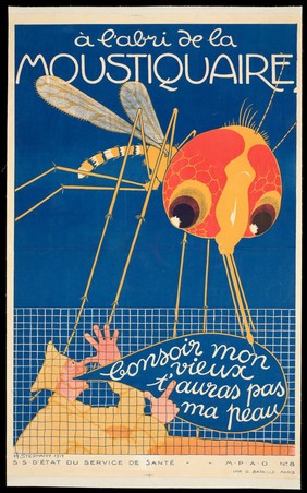 A giant mosquito trying to attack a French soldier who is protected by a mosquito net. Colour lithograph after H. Stephany, 1917.