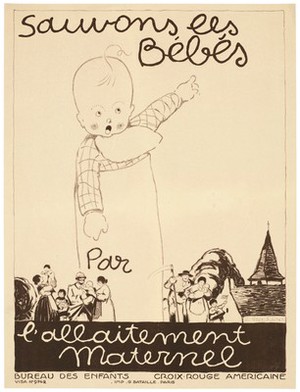 view A baby pointing to the words "Let us save the babies. For breast-feeding". Lithograph after H. Stephany, ca. 1917.