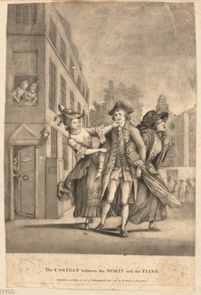 A man tugged one way by a prostitute and the other way by a religious lady. Mezzotint, 1773.