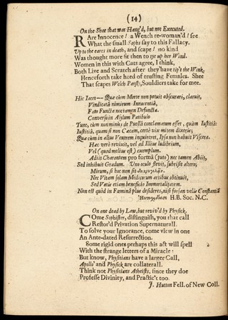 Newes from the dead. Or A true and exact narration of the miraculous deliverance of Anne Greene, who being executed at Oxford Decemb. 14. 1650. afterwards revived ; and by the care of certain hysitians [!] there, is now perfectly recovered. Together with the manner of her suffering, and the particular meanes used for her recovery / Written by a schollar in Oxford for the satisfaction of a friend, who desired to be informed concerning the truth of the businesse. Whereunto are added certain poems, casually written upon that subject. The second impression with additions.