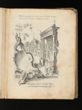 Allegory of water: a woman holding a ship on her shoulders; Moses leading Israelites out of Egypt while Pharaoh and the Egyptians drown. Drawing, ca. 1740.