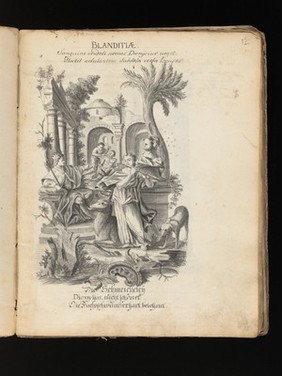 Allegory of water: a woman holding a ship on her shoulders; Moses leading Israelites out of Egypt while Pharaoh and the Egyptians drown. Drawing, ca. 1740.