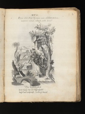 Allegory of water: a woman holding a ship on her shoulders; Moses leading Israelites out of Egypt while Pharaoh and the Egyptians drown. Drawing, ca. 1740.