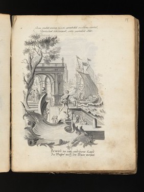 Allegory of water: a woman holding a ship on her shoulders; Moses leading Israelites out of Egypt while Pharaoh and the Egyptians drown. Drawing, ca. 1740.