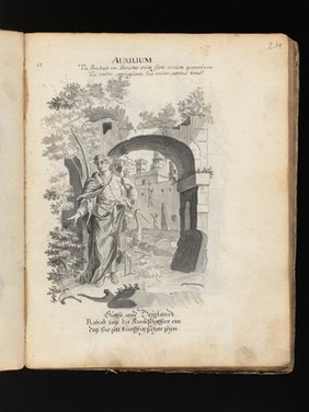 Allegory of water: a woman holding a ship on her shoulders; Moses leading Israelites out of Egypt while Pharaoh and the Egyptians drown. Drawing, ca. 1740.