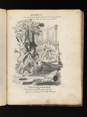 Allegory of water: a woman holding a ship on her shoulders; Moses leading Israelites out of Egypt while Pharaoh and the Egyptians drown. Drawing, ca. 1740.