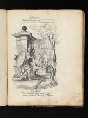 Allegory of water: a woman holding a ship on her shoulders; Moses leading Israelites out of Egypt while Pharaoh and the Egyptians drown. Drawing, ca. 1740.