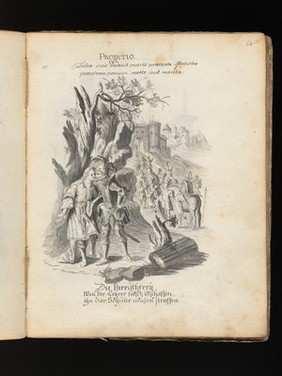 Allegory of water: a woman holding a ship on her shoulders; Moses leading Israelites out of Egypt while Pharaoh and the Egyptians drown. Drawing, ca. 1740.