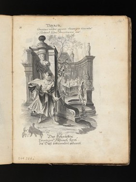 Allegory of water: a woman holding a ship on her shoulders; Moses leading Israelites out of Egypt while Pharaoh and the Egyptians drown. Drawing, ca. 1740.