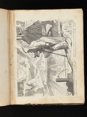 Allegory of water: a woman holding a ship on her shoulders; Moses leading Israelites out of Egypt while Pharaoh and the Egyptians drown. Drawing, ca. 1740.