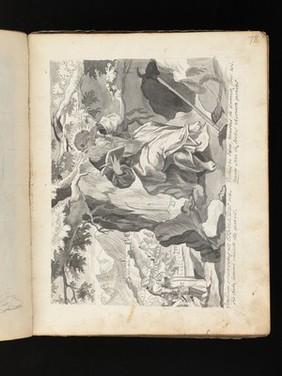 Allegory of water: a woman holding a ship on her shoulders; Moses leading Israelites out of Egypt while Pharaoh and the Egyptians drown. Drawing, ca. 1740.