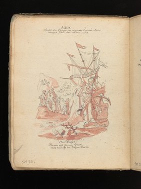 Allegory of water: a woman holding a ship on her shoulders; Moses leading Israelites out of Egypt while Pharaoh and the Egyptians drown. Drawing, ca. 1740.