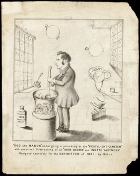 Sir John Simon (?) in his role as the first Medical Officer of Health for the City of London putting pressure on the Corporation of London to act upon the pestilential conditions of the graveyards in the City. Lithograph by Bolus, 1851.