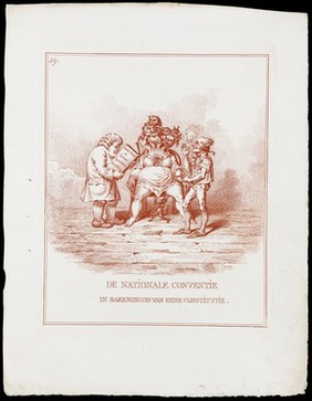 Man-midwives attempting to deliver a monstrous woman representing the Dutch National Convention. Etching attributed to James Gillray, 1796, after David Hess.