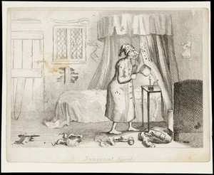 view A man in bedclothes prising insects (?) off his bed-curtains with a fork into a saucepan. Etching by T.L. Busby, ca. 1826.